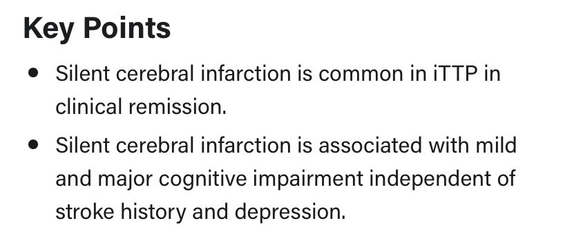 We mostly focus on the acute disease and manage with plasma exchange, rituximab and caplacizumab but new research from <a href="/BloodClotDoc/">Shruti Chaturvedi</a> teaches us that TTP pts continue to have silent and symptomatic cerebral infants even in remisssion. <a href="/ASH_hematology/">ASH</a> <a href="/HopkinsHeme/">Johns Hopkins Hematology</a>