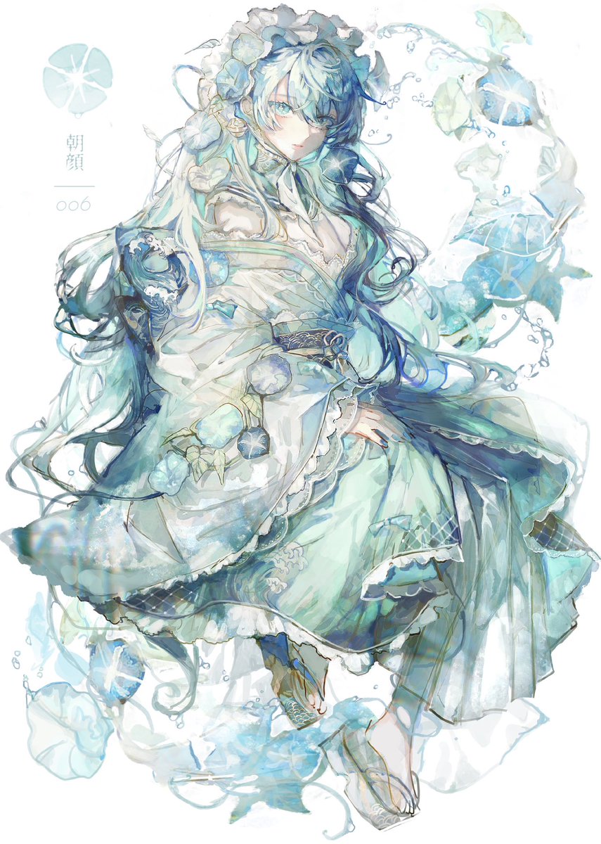 1girl solo long hair white background blue eyes flower blue hair  illustration images