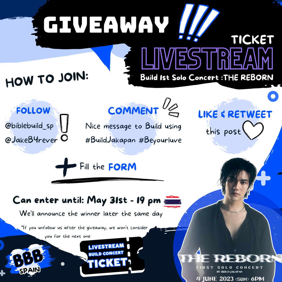 GIVEAWAY 🦋 Build 1st Solo Concert :THE REBORN

As a way to thank all the love an support, we're giving away 1 ticket for Build's concert (June 4th)!  💙

✨Follow the steps to join and fill the form:
docs.google.com/forms/d/e/1FAI…

Can enter until May 31th!

#Beyourluve #BuildJakapan