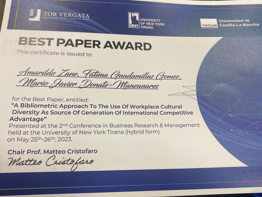 Felices de recibir el premio a la mejor comunicación en  <a href="/conferencerbm/">3rd Conference Business Research Management</a>, por el trabajo presentado  con Amarildo Zane y <a href="/Madonman/">Mario J. Donate</a> sobre la #diversidad como fuente de ventaja competitiva en el ámbito internacional . Gracias a  los colegas de <a href="/unitorvergata/">Università di Roma Tor Vergata</a> y <a href="/UNYT_official/">University of New York Tirana</a>! 🏆👏