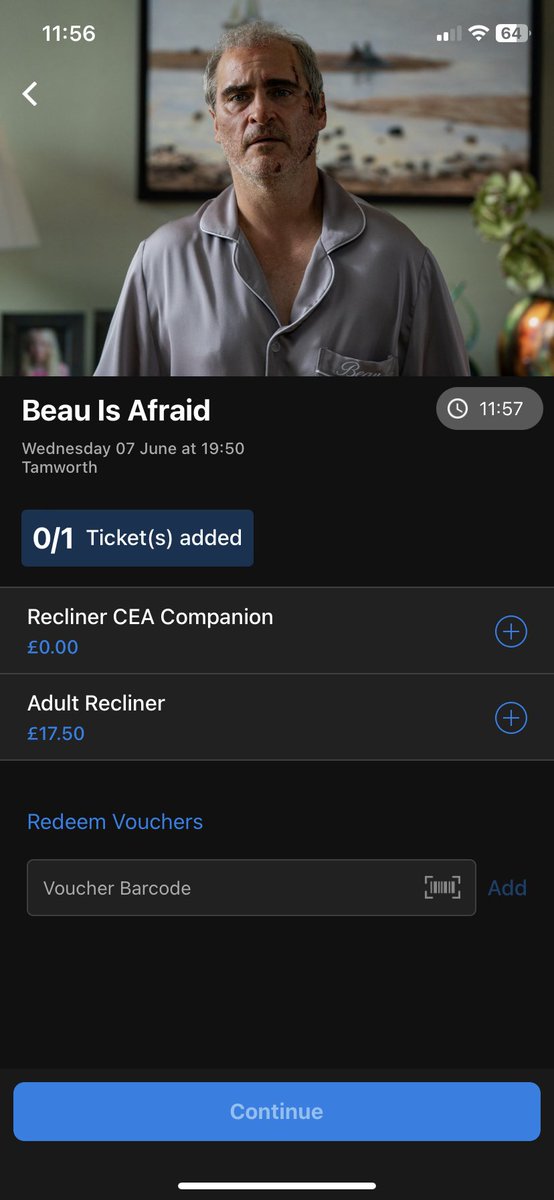 ASheldrick's tweet photo. @ODEONHelp Hi Odeon. Any reason the solitary 19:50 7th June showing of Beau Is Afraid at Tamworth Odeon isn’t able to be booked with Limitless card? https://t.co/LZHVMkFbQ5