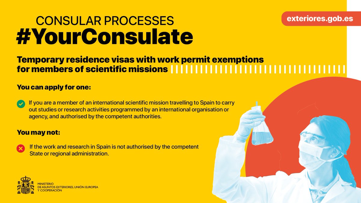 SpainMFA's tweet photo. If you are a member of a scientific mission and need a #TemporaryResidenceVisa with work permit exemptions, check out all you can and cannot do at #YourConsulate.
Find all the information at https://t.co/1Ujl2Qr5PY https://t.co/YN1UKsWjzi
