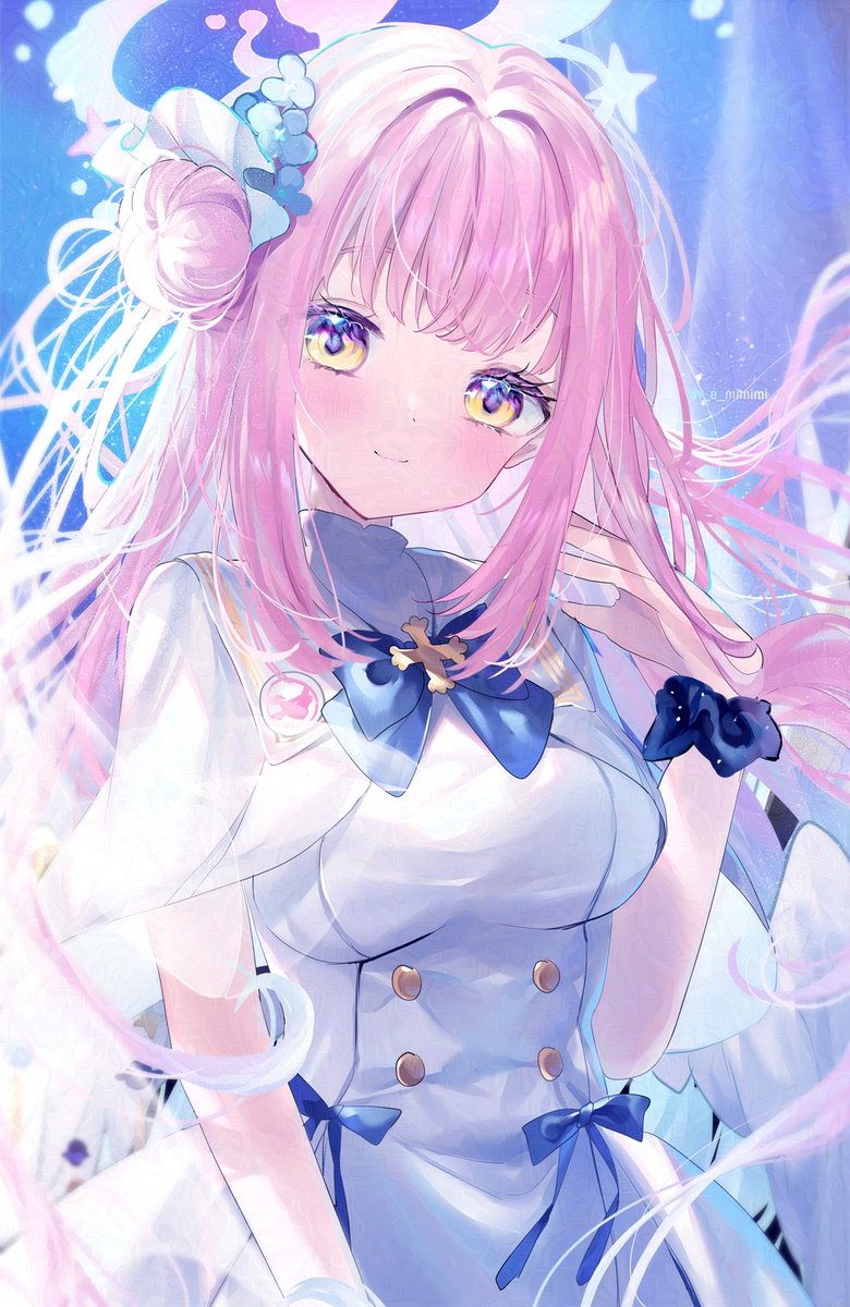 mika (blue archive) 1girl pink hair solo halo wrist scrunchie long hair dress  illustration images