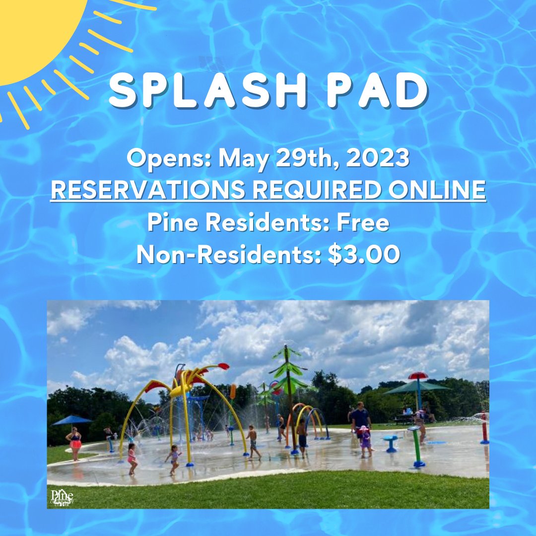 pinecommcenter's tweet image. The Splashpad opens on May 29th! You can signup 48 hours in advance for your desired date. NEW we will be selling snacks at the Splashpad this year 🍿 Credit Cards only when purchasing snacks. Come on down and cool off this summer at the Splashpad 😎