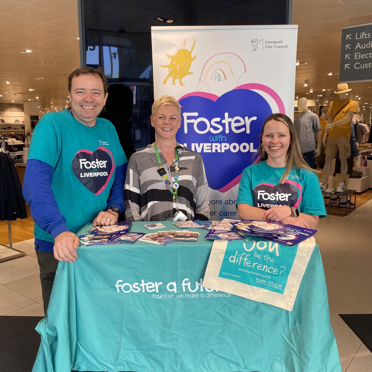 We’re at our last drop-in of Foster Care Fortnight at @JohnLewisRetail in Liverpool One.  

We’re at the entrance near the menswear until 1pm today!  

#FCF2023 #FosteringCommunities