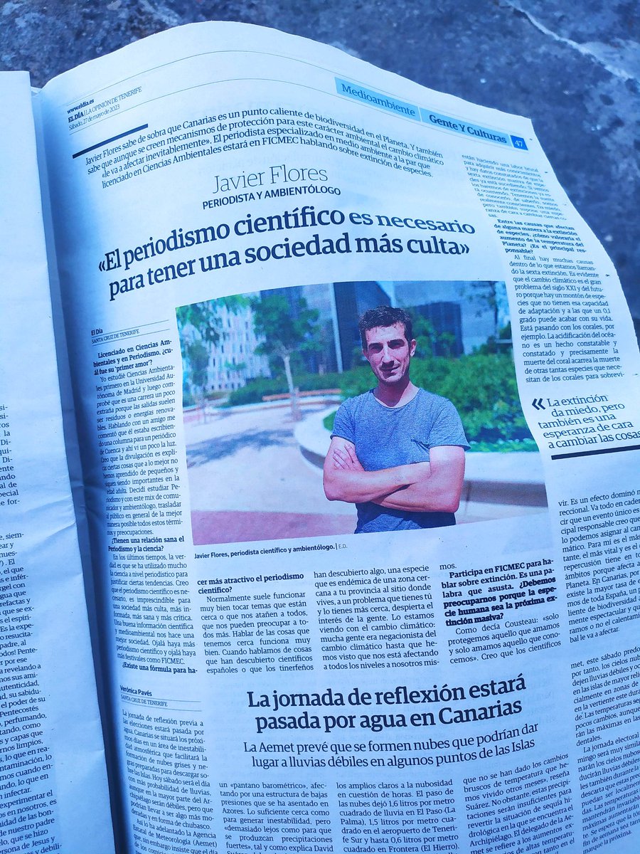 ¡Mamá, salgo en el periódico! 
Me han entrevistado con motivo de la charla que daré esta tarde en el Festival de Cine medioambiental de Canarias (<a href="/FICMECanarias/">FICMEC</a> ) que se celebra en Garachico, Tenerife, y en el que hablaremos de especies en peligro de extinción.
#lasextaextincion