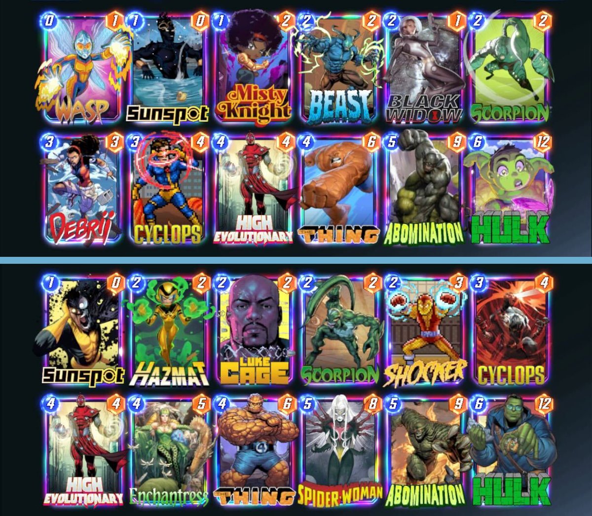 Here are some good High Evolutionary decks. 🧬
(Edit: re-post these deck pictures and removed the previous thread, which was generated from one of my old test versions of deck builder. Thanks!)