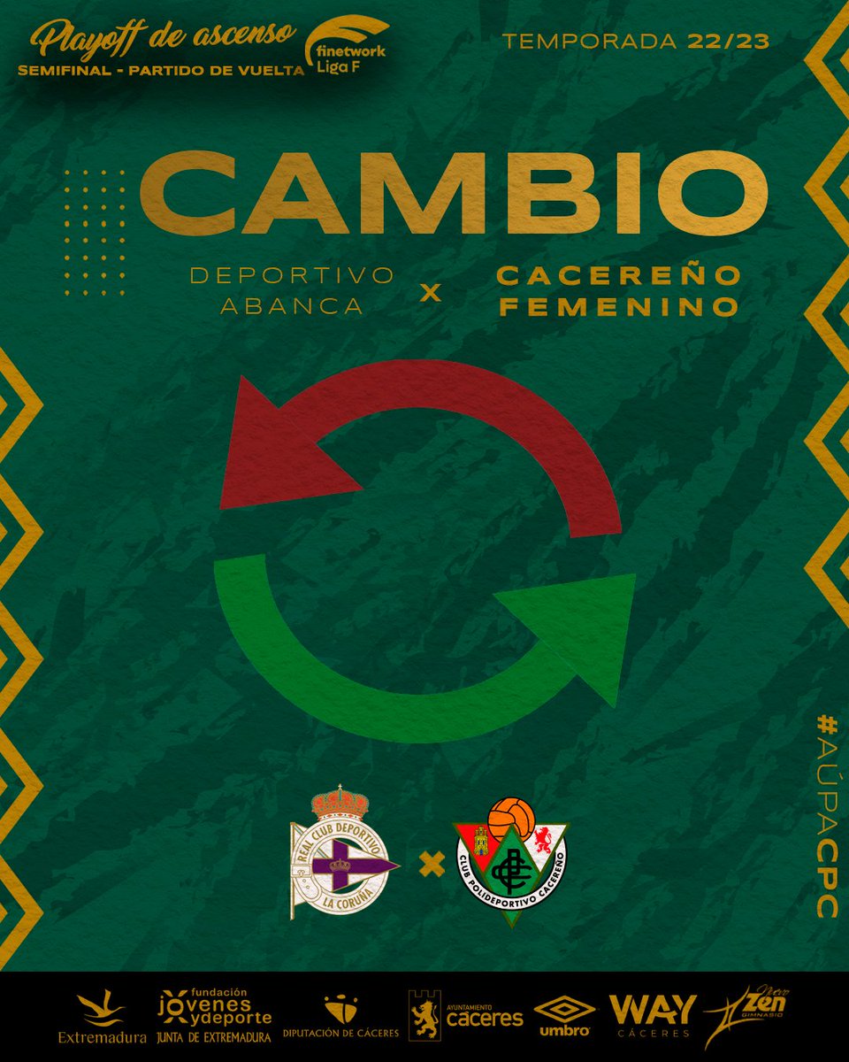 ⚽️ 🔁 Cambio

➡️ Manoly
⬅️ Nerea

|⏱️55’ | 0-0 | #DéporCacereñoFem |
#PlayOffaFinetworkLigaF
⚽💚🤍⚽
#Ahoraeselmomento
#CPCFem