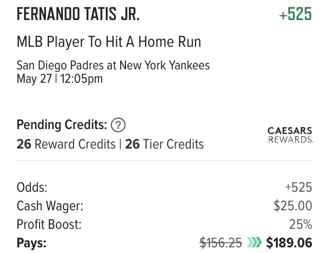 PromoHawkBets's tweet photo. Caesars 25% Boost

Love these odds for Tatis today. 10% to DK, 25% to Kambi. Probably somewhere in the middle. https://t.co/0nfEYbmigd