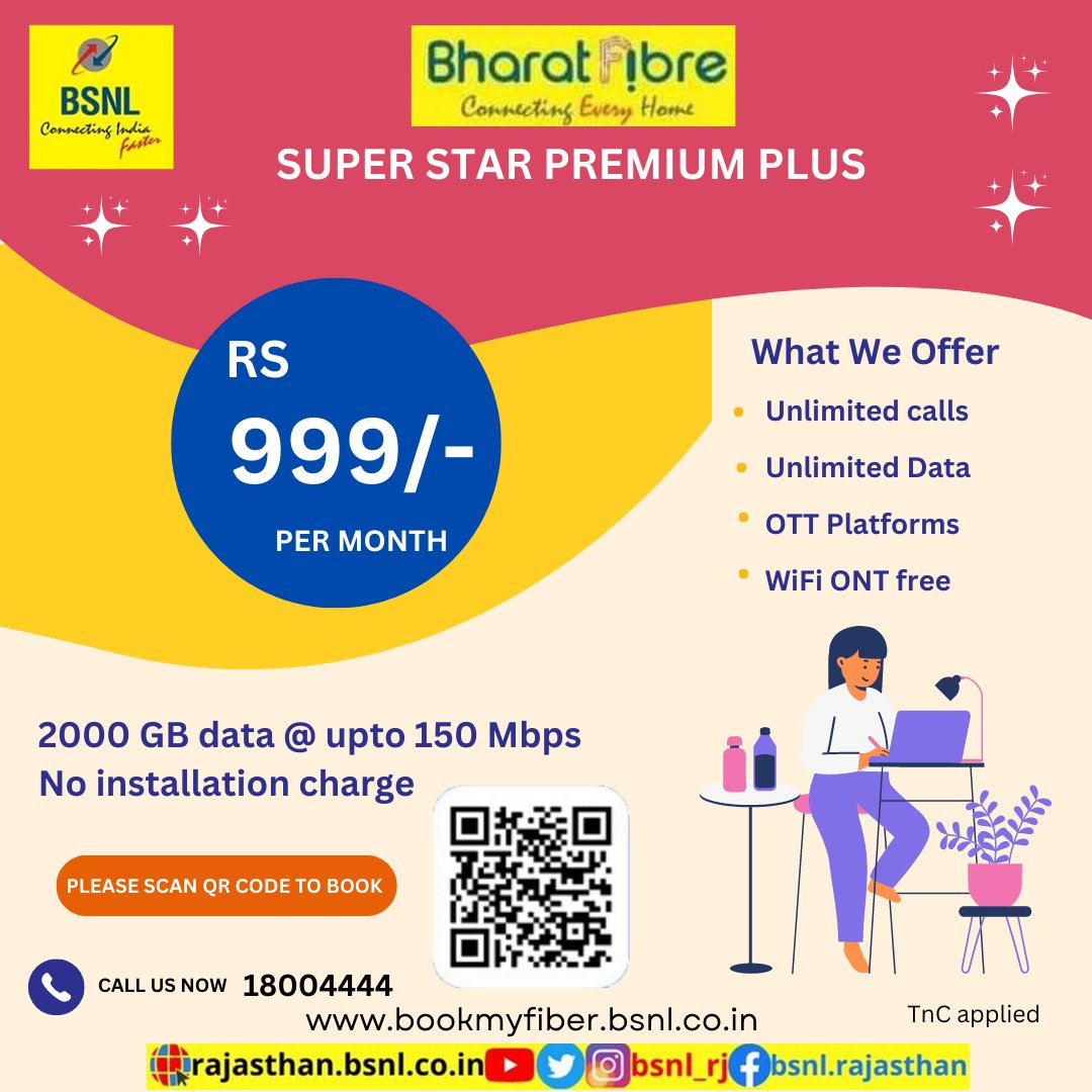 BSNL_RJ's tweet photo. #UnlimitedData, #UnlimitedCalling n popular #OTT platforms Subscribe #BSNL #BharatFiber #SuperStarPremiumPlus
Book Now- https://t.co/6XKDPUqEsQ
#Internet4All #FamilyWiFi #WiFi #BSNLRJ_FTTH
Pay BSNL FTTH Bills on: https://t.co/JV7mQz8dis https://t.co/TP8YWE0GjW