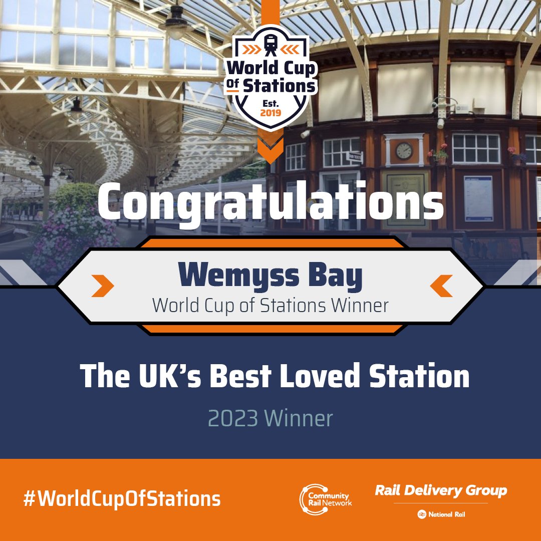 Wemyss Bay is top of the stops and crowned the UK’s best loved station and 🏆#WorldCupofStations champion 2023 🏆
media.raildeliverygroup.com/news/wemyss-ba…

#DiscoverInverclyde #WemyssBay #DiscoverWemyssBay #Scotland #ScotlandIsCalling #VisitScotland #RespectProtectEnjoy