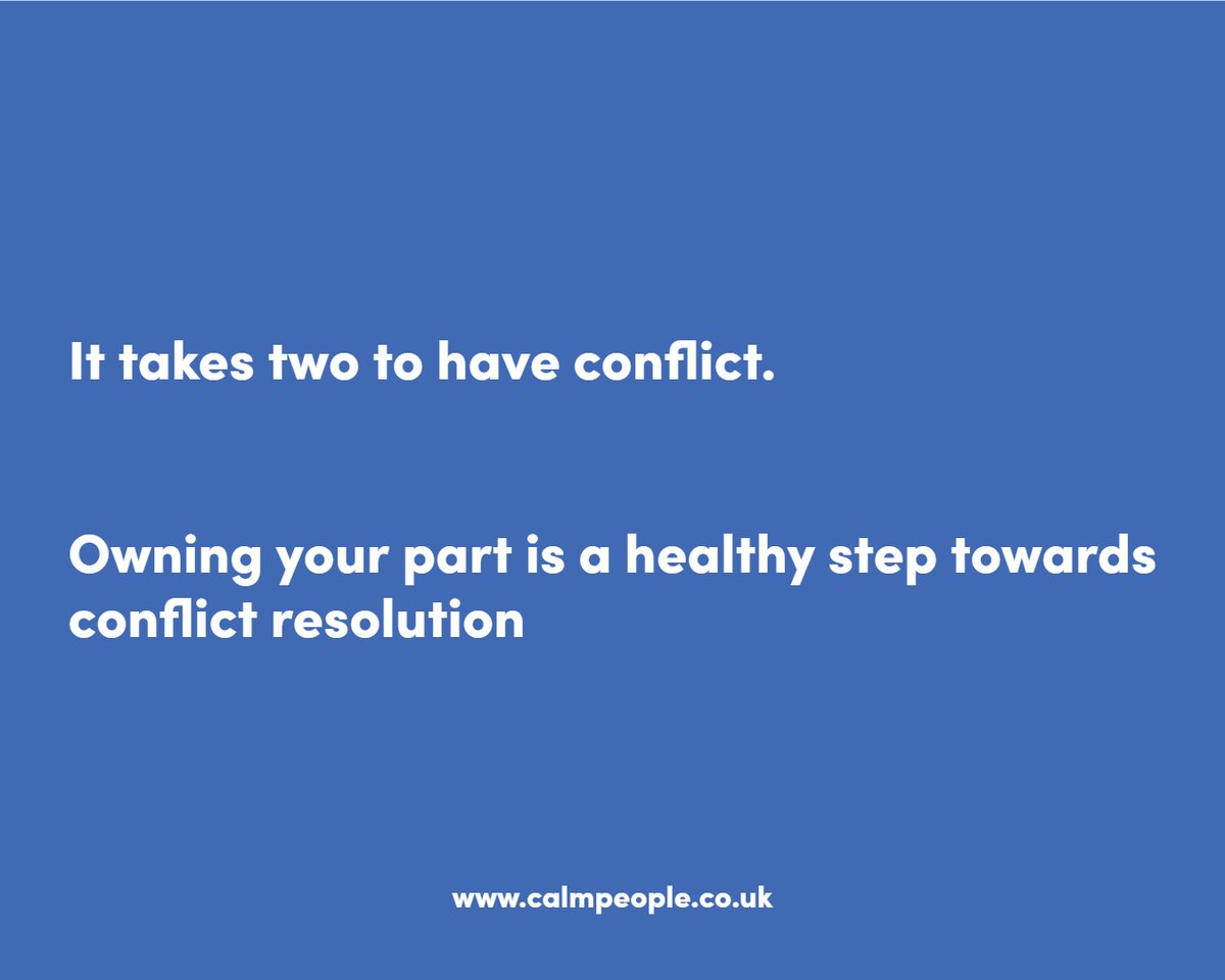 It takes two to have conflict. Owning your part is a healthy step towards conflict resolution 

#angermanagement #humanresources #personaldevelopment #whatinspiresme #managementconsulting #management #happiness #mentalhealth #covid19 #hr #insurance #workfromhome