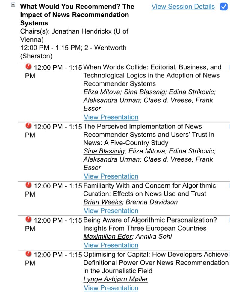 Today (Sat, 12pm, 2 - Wentworth), @elizamitova and I will present findings from our @nrp77_digital project on news recommender systems, based on qual. interviews with media professinals and a quant. user survey. @EdinaStrikovic @AUrman21 @claesdevreese @esserfrank_ #ICA23