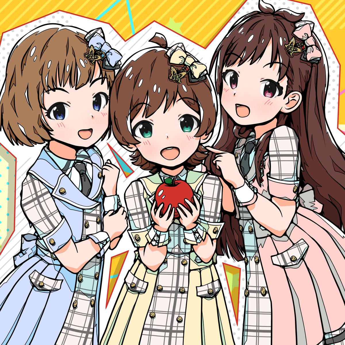 suou momoko multiple girls apple brown hair 3girls food short hair fruit  illustration images