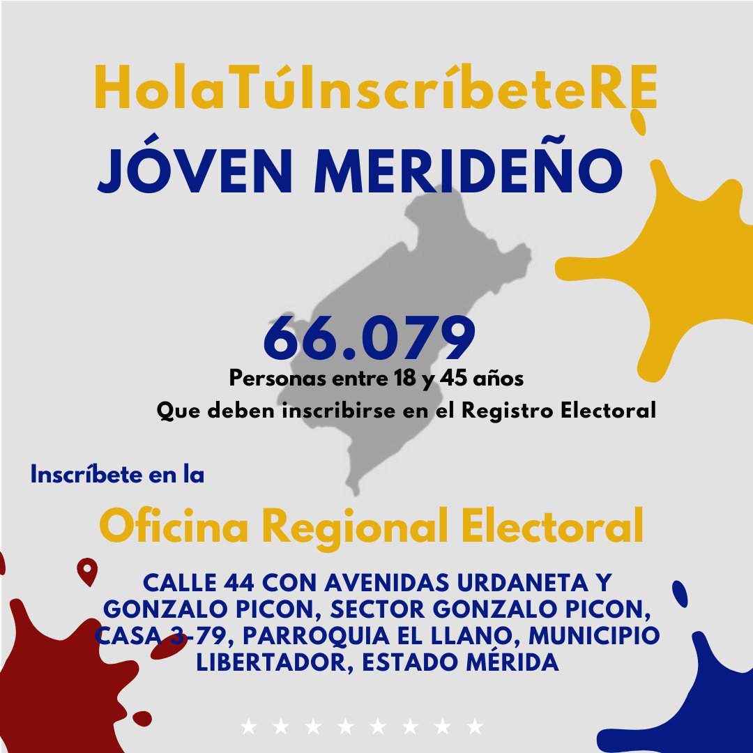 HolaTuRE's tweet photo. Los jóvenes de #Mérida tienen derecho a inscribirse en el RE en estos momentos son 66.079 no inscritos

El @cneesvzla está en el deber de habilitar los puntos en cada municipio del estado #HolaTúInscríbeteRE #ProyecciónSúmate https://t.co/jUWpxW6y0i