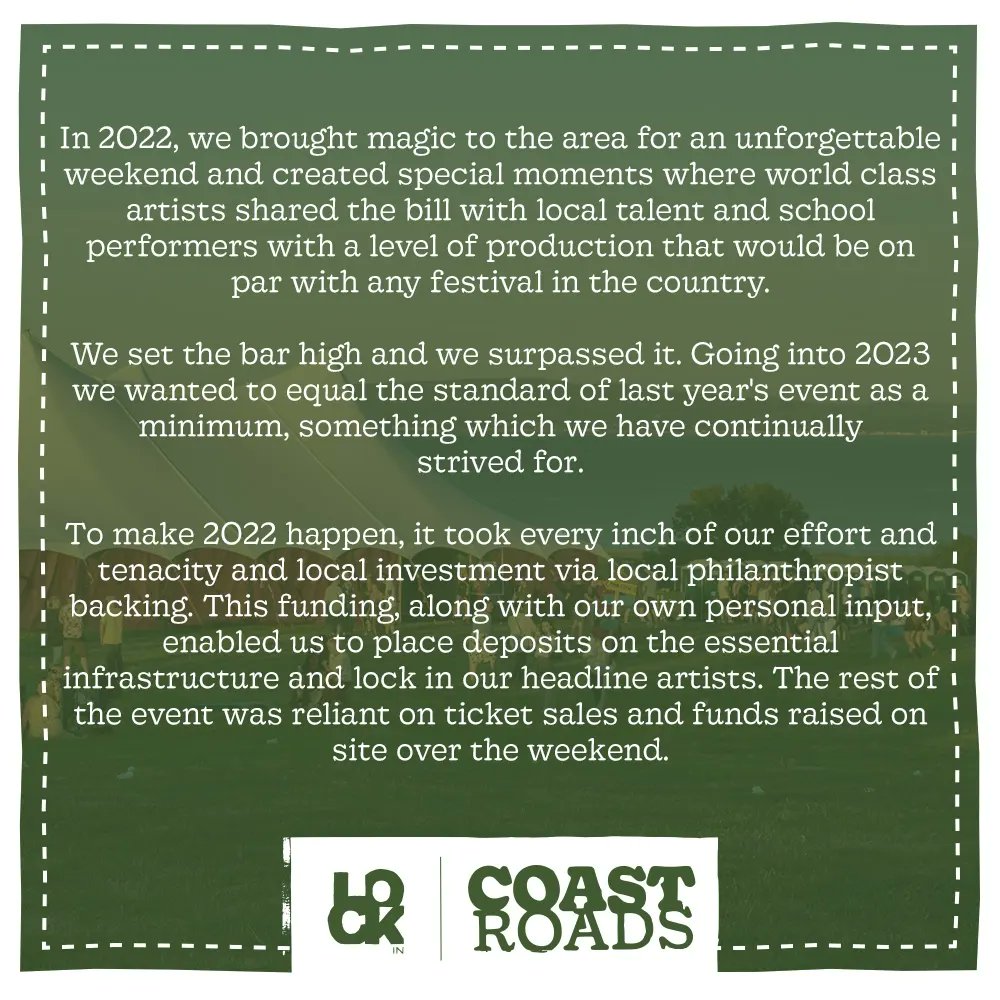 𝐈𝐦𝐩𝐨𝐫𝐭𝐚𝐧𝐭 𝐮𝐩𝐝𝐚𝐭𝐞 𝐫𝐞𝐠𝐚𝐫𝐝𝐢𝐧𝐠 𝐂𝐨𝐚𝐬𝐭 𝐑𝐨𝐚𝐝𝐬 𝐅𝐞𝐬𝐭𝐢𝐯𝐚𝐥 𝟐𝟎𝟐𝟑

It is with a heavy heart that today we have to announce that Coast Roads Festival 2023 will not be going ahead this year as planned.

For more information, please see the slides.