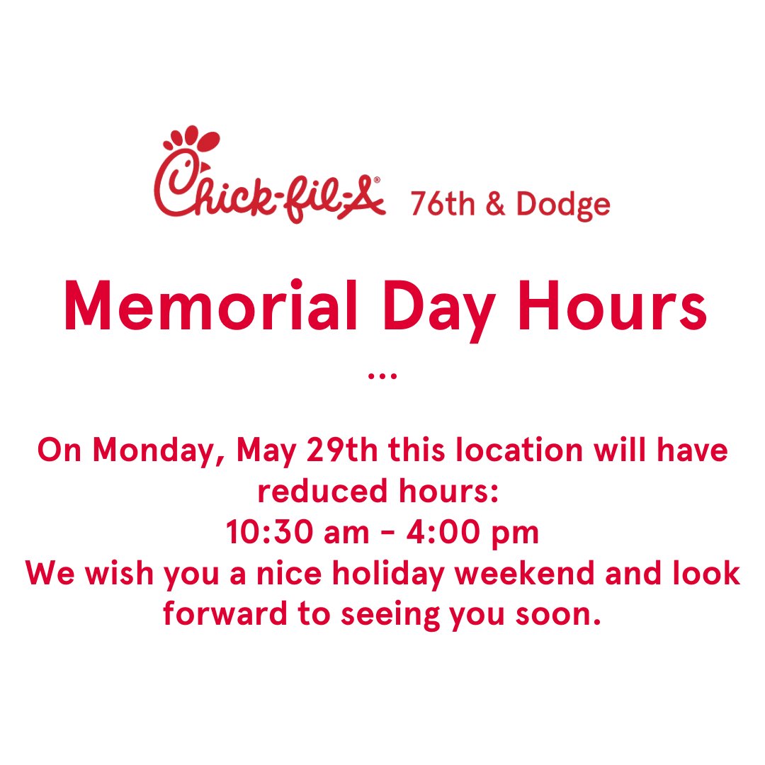 These are the hours for Memorial Day this Monday, May 29th!! Have a lovely weekend!!❤️🐓