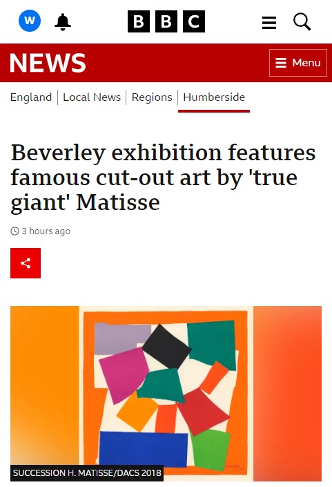 BevArtGallery's tweet photo. Thank you @BBCNews  !!
Are you coming to our opening today? 🎉 
It starts at 1pm, come along for a first look at this brand new exhibition.
#Matisse #Drawingwithscissors #MatisseDrawingWithScissors #BeverleyArtGallery #eastridingofyorkshire #MatisseinBeverley #lovewhereyoulive https://t.co/NxM8OHV0u8