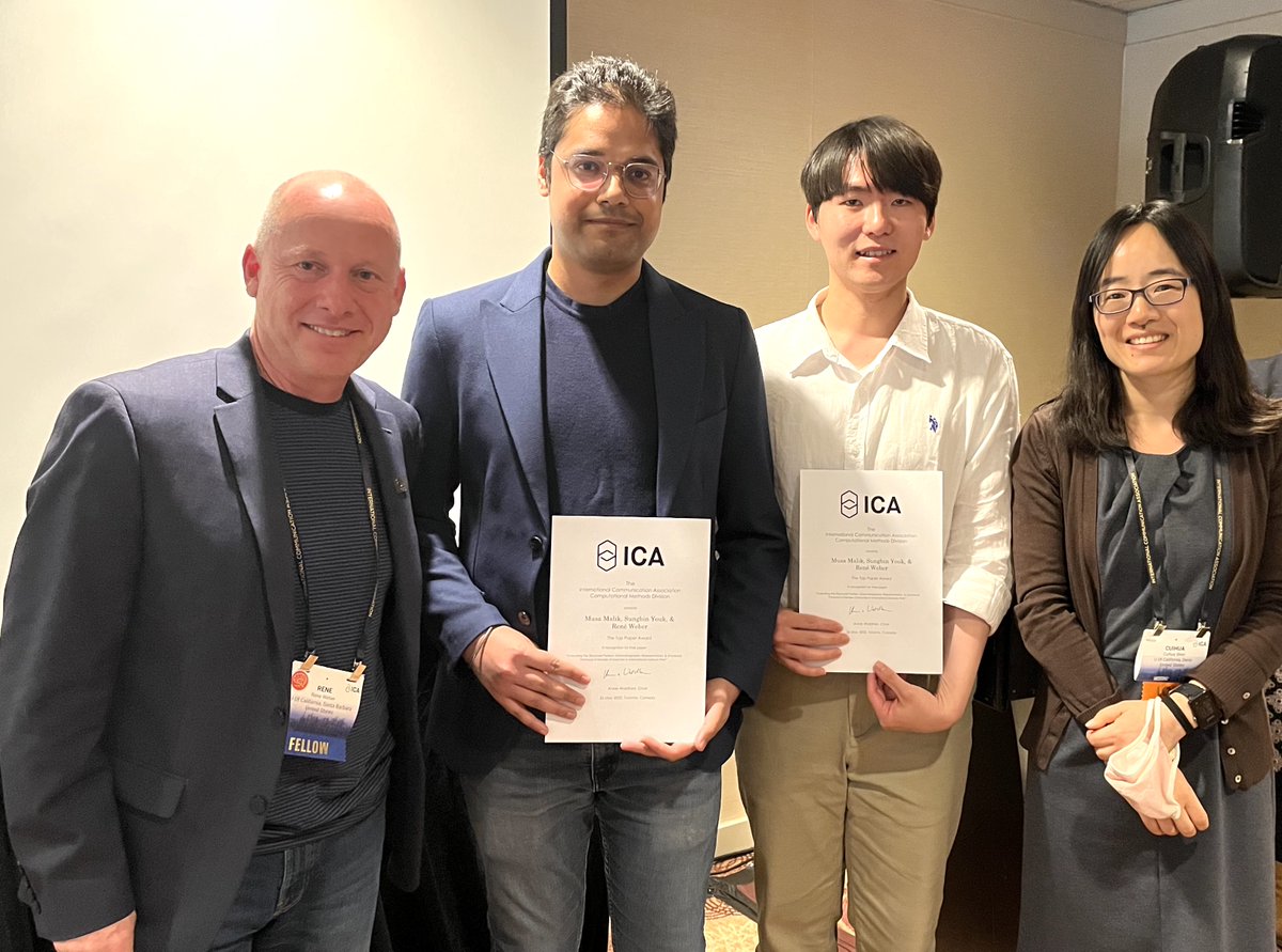 Congratulations to <a href="/musainayatmalik/">Musa Malik</a>, <a href="/sungbinyouk/">sungbinyouk</a> and Rene Weber who received an #ICA23 Top Paper Award for their work "Evaluating the Structural Position, Cinematographic Representation, &amp; Emotional Portrayal of Female Characters in International Feature Films"