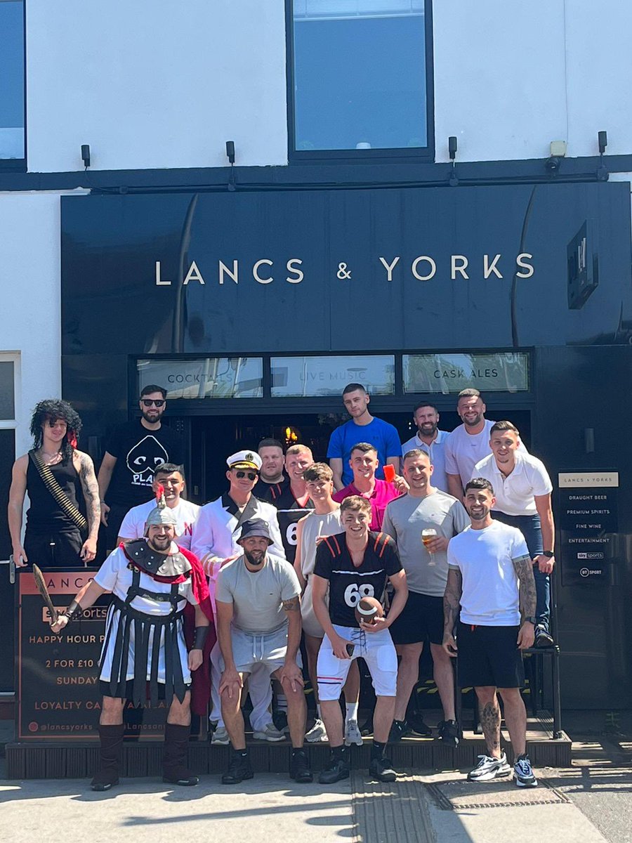 End of season do today in Blackpool some in fancy dress some not  paid in shots for it 🙌🏻 #LNYFC ❤️🖤 #champions