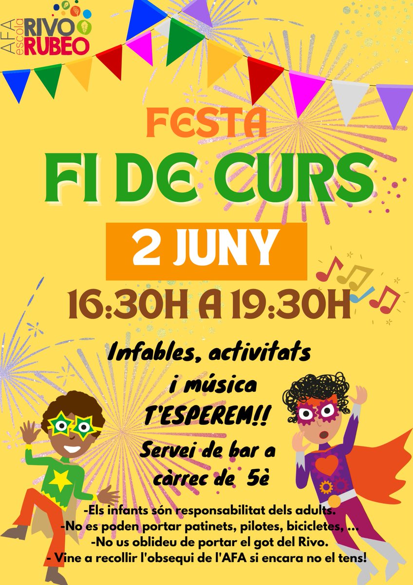 Divendres 2 de JUNY reserveu la data!!! Festa grossa al Rivo!

Us esperem a tots.

#rubicity
<a href="/EscolaRivoRubeo/">EscolaRivoRubeo</a>