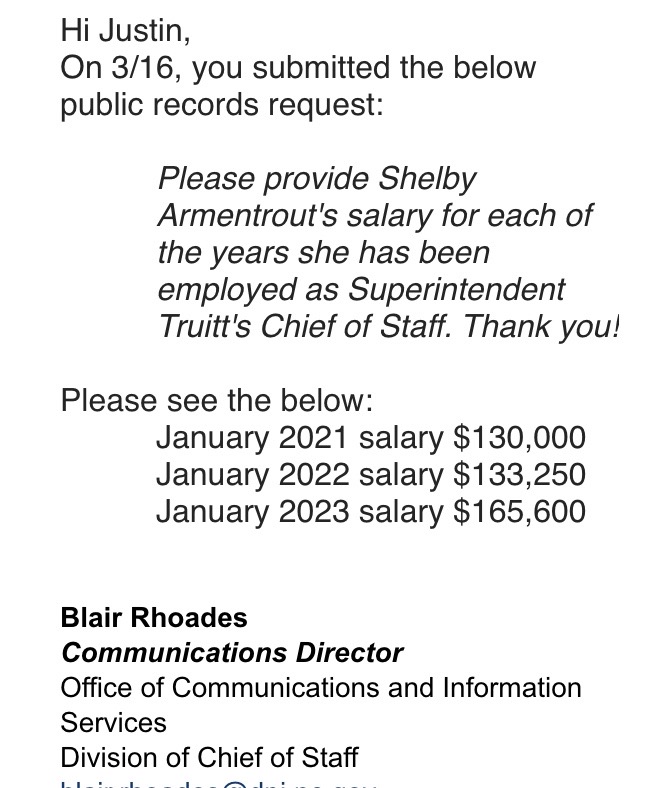 Veteran teachers looking at raises of $125/year for the next two years in the Senate budget won't be too happy to learn that State Superintendent @CTruittNCDPI's Chief of Staff recently got a raise of $32,250 (24% increase over last year's salary).  

#nced #ncpol #ncga