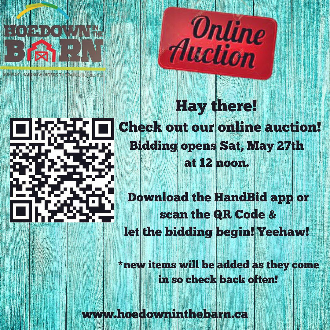 Get ready, get set…BID!  
Our online auction opens today at noon! Download the HandBid app or scan the QR code to register. Bidding closes on June 4th at 12 noon. Thank you so much for your support🙏💕#onlineauction #biddingforgood #HandBid #hoedowninthebarn #rainbowridersnl