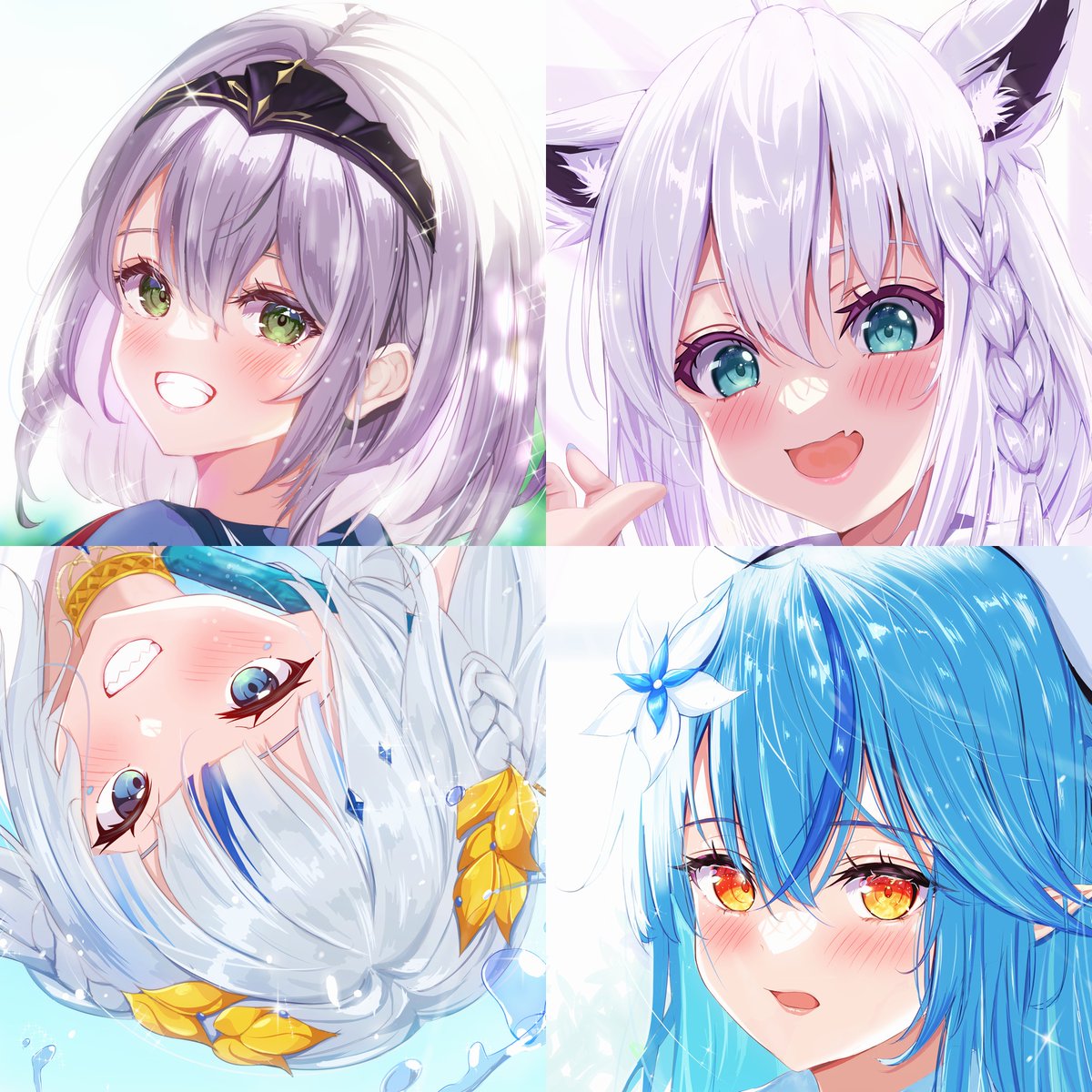yukihana lamy multiple girls green eyes braid blue hair fox ears blush animal ears  illustration images