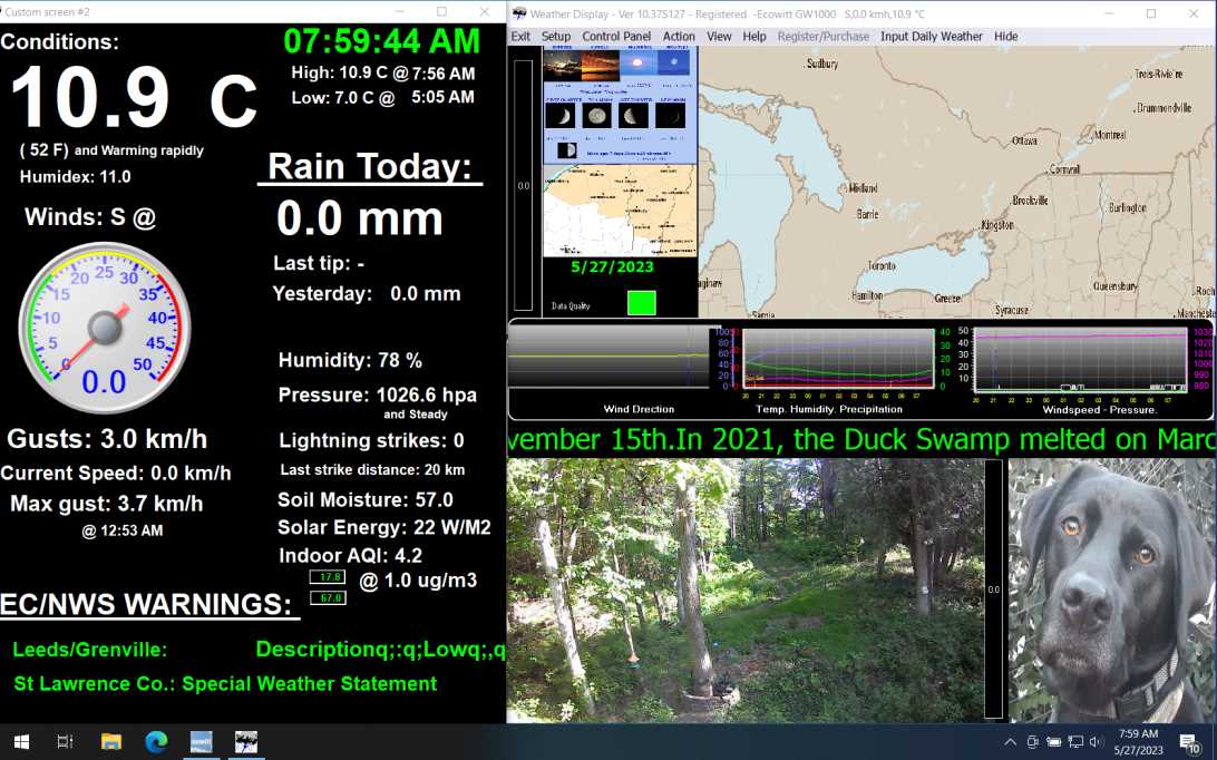 Currently in Johnstown, ON  (Hwy401 @ Hwy416): Conditions::10.9 C (52 F) & Warming rapidly. Avg. Wind: 0.6 km/h S. Gusting to: 3.0 km/h. Rain:  0.0 mm. Lightning strikes: 0.