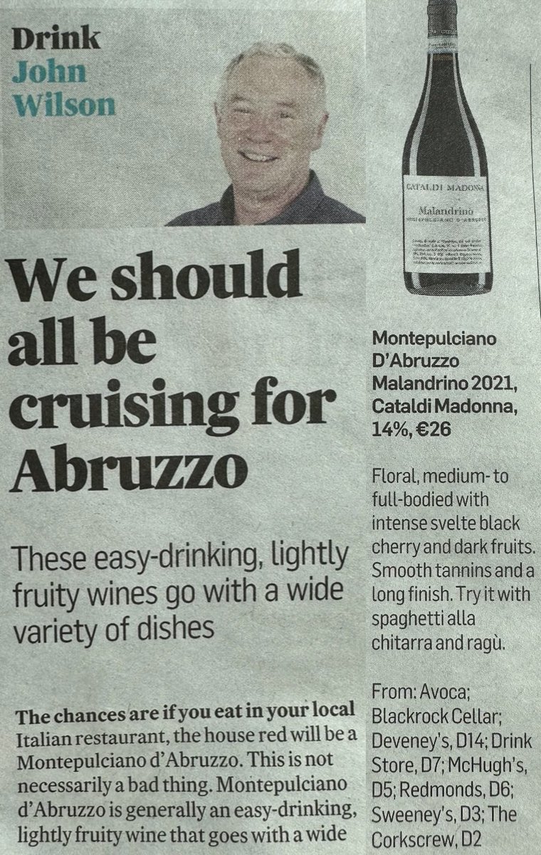 Thank you <a href="/Wilsononwine/">John Wilson</a> for including Cataldi Madonna Montepulciano in your top Abruzzo picks <a href="/IrishTimes/">The Irish Times</a> 👍