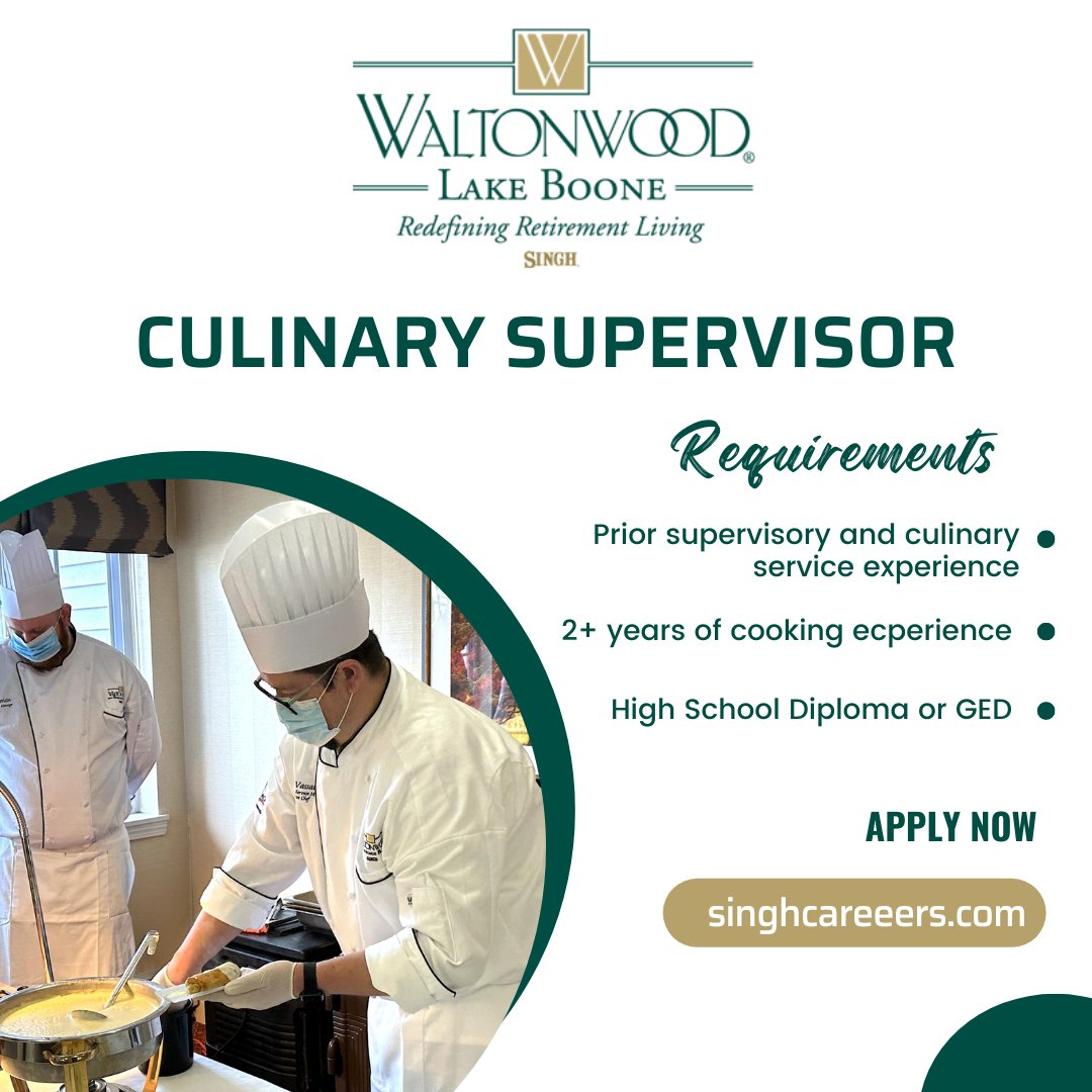 Waltonwood Lake Boone in #RaleighNC is looking for their next Culinary Supervisor! This is an excellent opportunity for culinary leaders looking for work-life balance! 

#applynow at ow.ly/W6EG50Ox6Vn

#singhcareers #culinaryjobs #leadership #seniorliving