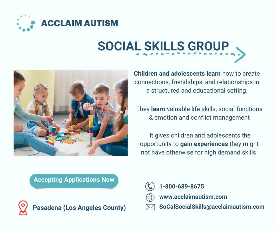 Join our Social Skills Groups in California! 

#autism #asd #SocialSkills #SocialSkillsForKids #SocialSkillsGroup #SocialSkillsTraining #GroupTherapy #SupportingParents #Pasadena #LACounty #LosAngelesCounty