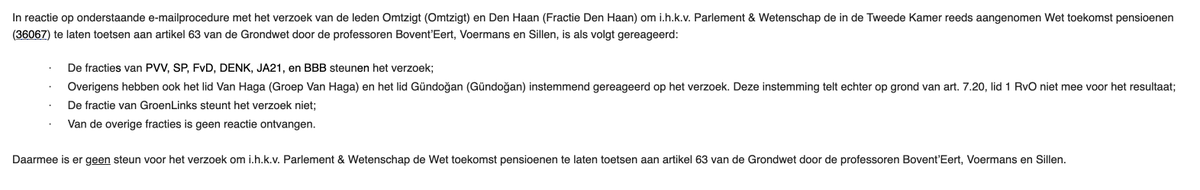 PieterOmtzigt's tweet photo. Alleen steun van BBB, Ja21, Denk, SP, PVV, FvD, Gundogan, BVNL voor het verzoek van Goud en mij voor advies van drie professoren voor grondwettelijke toetsing van de Wet Toekomst Pensioenen. 
Dat advies komt er dus helaas niet in de Tweede Kamer https://t.co/PWJYgOeZDq