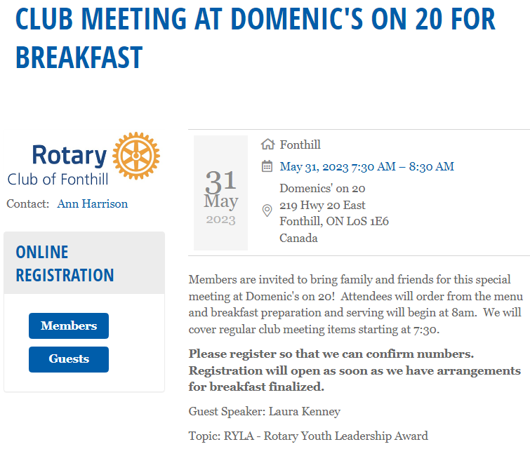 fonthillrotary's tweet photo. #RotaryThisWeek!  Please join us at Domenic's on 20 for this breakfast meeting!  Wed May 31, 2023, 7:30am
Speaker: Laura Kenney
Topic: RYLA - Rotary Youth Leadership Award
Please Register!
https://t.co/X22Mi9eEPH
#RotaryClubofFonthill #JoinUsAtRotary
#TagtheSpirit #Rotary7090 https://t.co/neJMcYG6sh