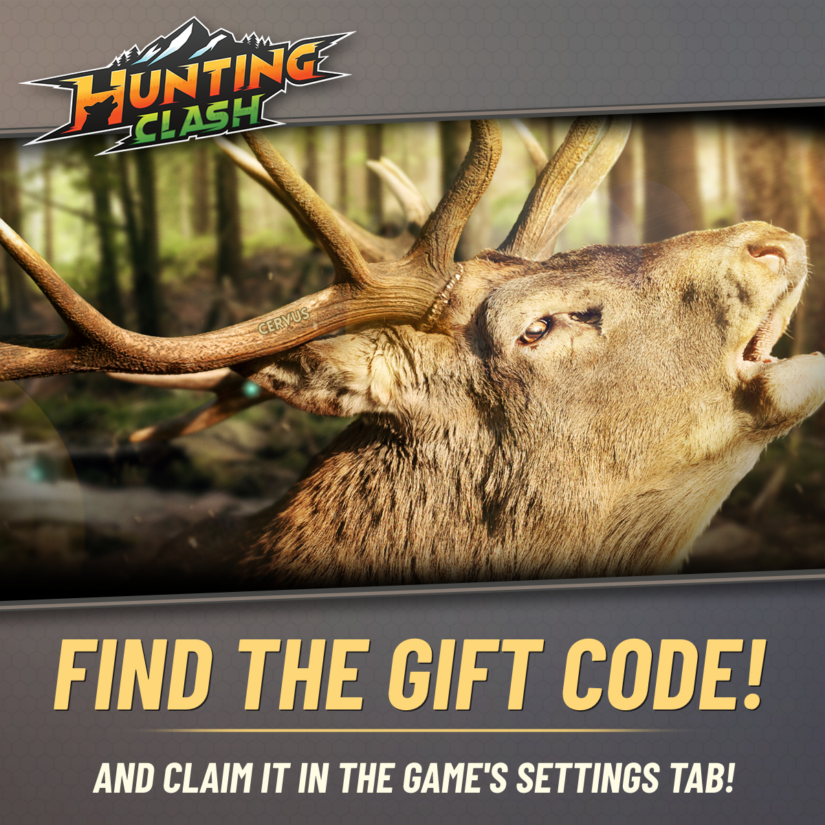 HuntingClash's tweet image. Find the gift code in the picture and claim the surprise, which will help you in hunting the biggest specimen of the new legendary animal! Good luck!