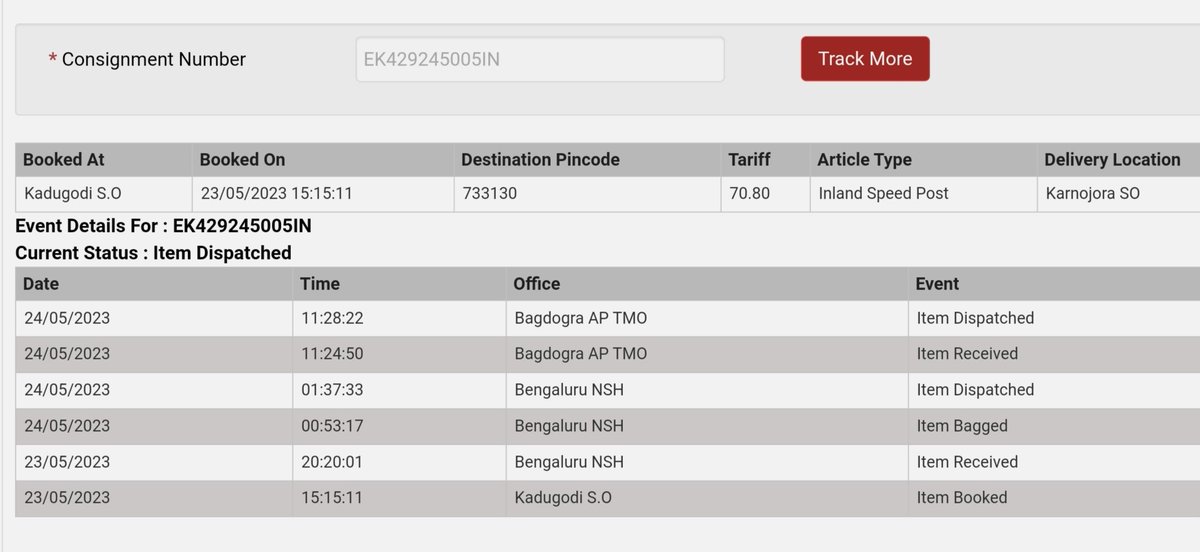 Ordr a mdcn from BLR to Karonjora (733130) at 22 May thy Snd me (EK429245005IN) but it's Swng this Prcl Left bagdogra airprt at 24, today is 27 distance btwn Arprt to delivery Lction is only 4hrs jrny my request is please kindly Chk this Mtr my Sistr is not well @IndiaPostOffice