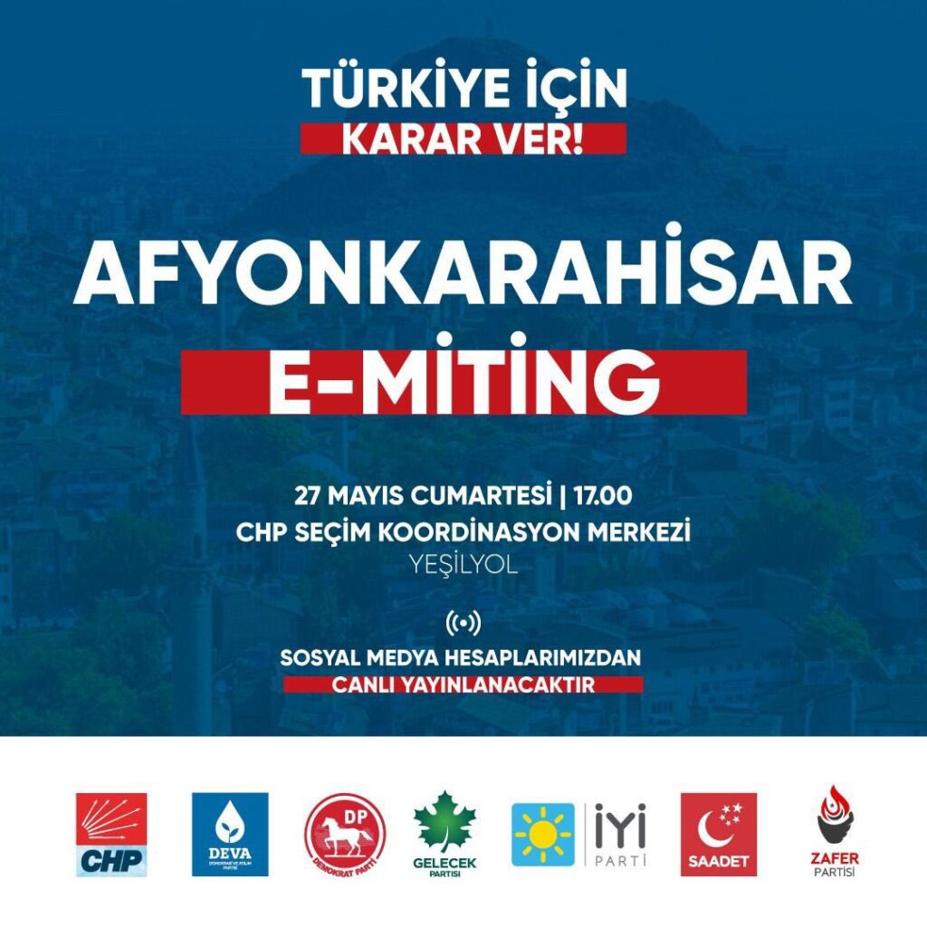 E-MİTİNG AFYONKARAHİSAR

🗓️ 27 Mayıs Cumartesi
⏰ 17.00
📍 Yeşilyol Seçim Koordinasyon Merkezi

📡 Millet ittifakı Afyonkarahisar Resmi Sosyal Medya Hesaplarından canlı yayınlanacaktır.