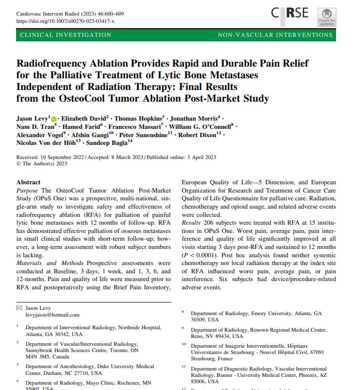 Radiofrequency #Ablation Provides Rapid and Durable Pain Relief for the Palliative Treatment of Lytic Bone Metastases Independent of #RadiationTherapy: Final Results from the OsteoCool Tumor Ablation Post-Market Study
👉link.springer.com/article/10.100…