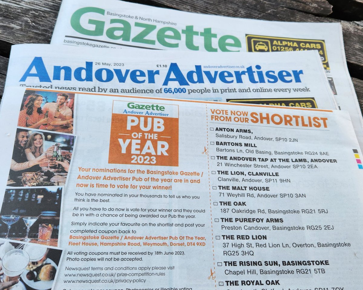 We're honoured to be finalists in Pub of the Year 2023, thanks to <a href="/AndoverAd/">Andover Advertiser</a> and <a href="/BasGazette/">Basingstoke Gazette</a>.

If you need help completing the voting form do pop in, we'll help!

X