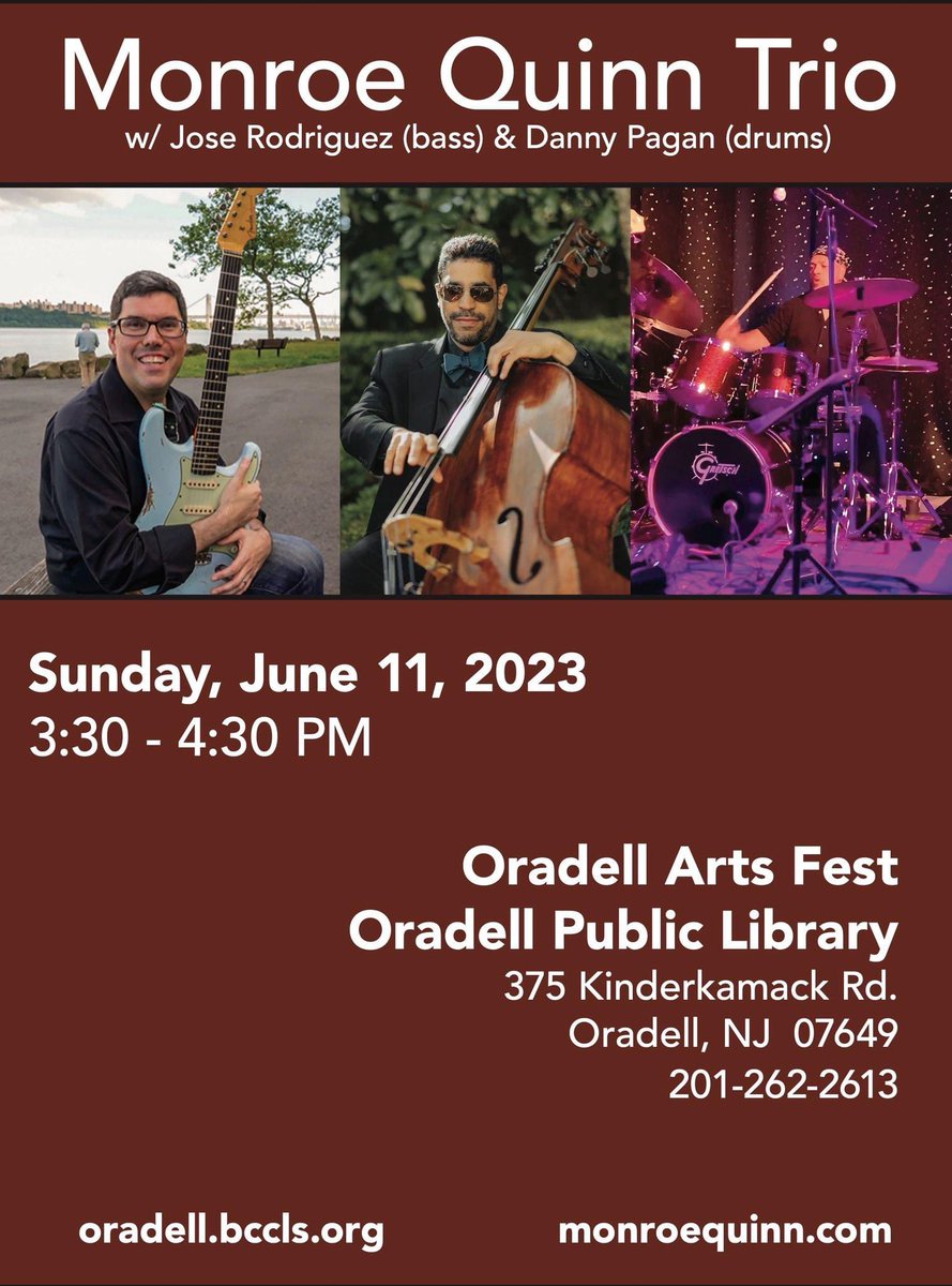 Mark your calendars! The MQ Trio is playing a FREE concert Sunday, June 11 at the Oradell Public Library 3:30pm. #jazzguitar #oradellnj #oradellpubliclibrary #livemusic