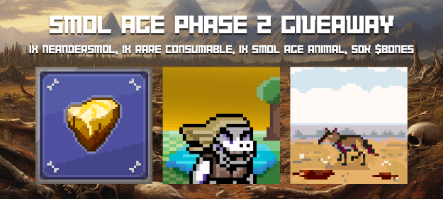 🔥🦣 OOGA Giveaway 🦣🔥

We are giving away a <a href="/SmolAge_NFT/">Smol Age</a> starter kit! #SmolAgePhase2

1x Neandermol
1x Rare Consumable
1x Smol Age Animal
50k $BONES

How to enter:
🦣 LIKE &amp; RT + Tag 2 frens
🦣 Follow <a href="/SmolAge_NFT/">Smol Age</a>
🔥 (Optional) Join our Discord &amp; drop an 'OOGA' in gen chat: