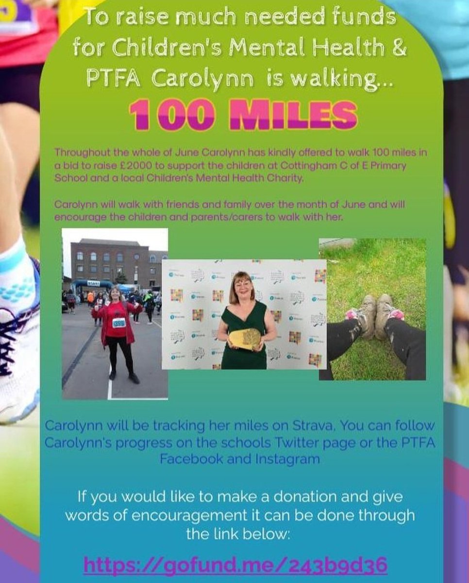 Our very own legendary <a href="/CarolynnSouthc1/">Carolynn Southcombe</a> is walking 100 miles throughout the month of June. She's raising much needed funds for <a href="/CottinghamCofE/">Cottingham CofE</a> &amp; a Children's mental health charity.

Please do support her in any way possible by visiting the go fund me page below.
Thank you.