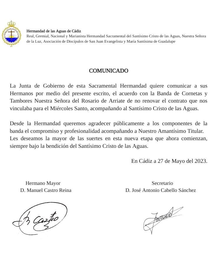 Comunicado oficial: Rescisión del contrato con la Banda CCTT Nuestra Señora del Rosario de Arriate.