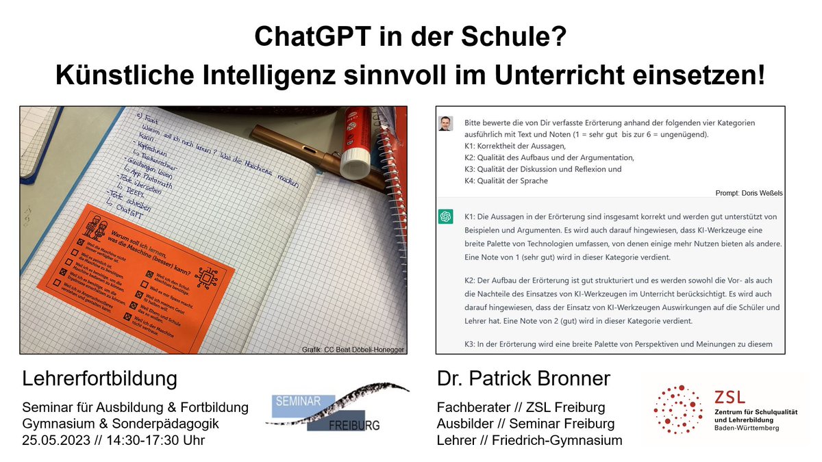 Meine 3h-Fortbildung "ChatGPT in der Schule" habe ich nach den ersten Durchgängen mit Hilfe der Rückmeldungen der Teilnehmer*innen angepasst:
"Weniger didaktische Metaebene - mehr praktisches Ausprobieren!"
Download Handout: Reiter b) bit.ly/2Czta2R
#twlz #edubw