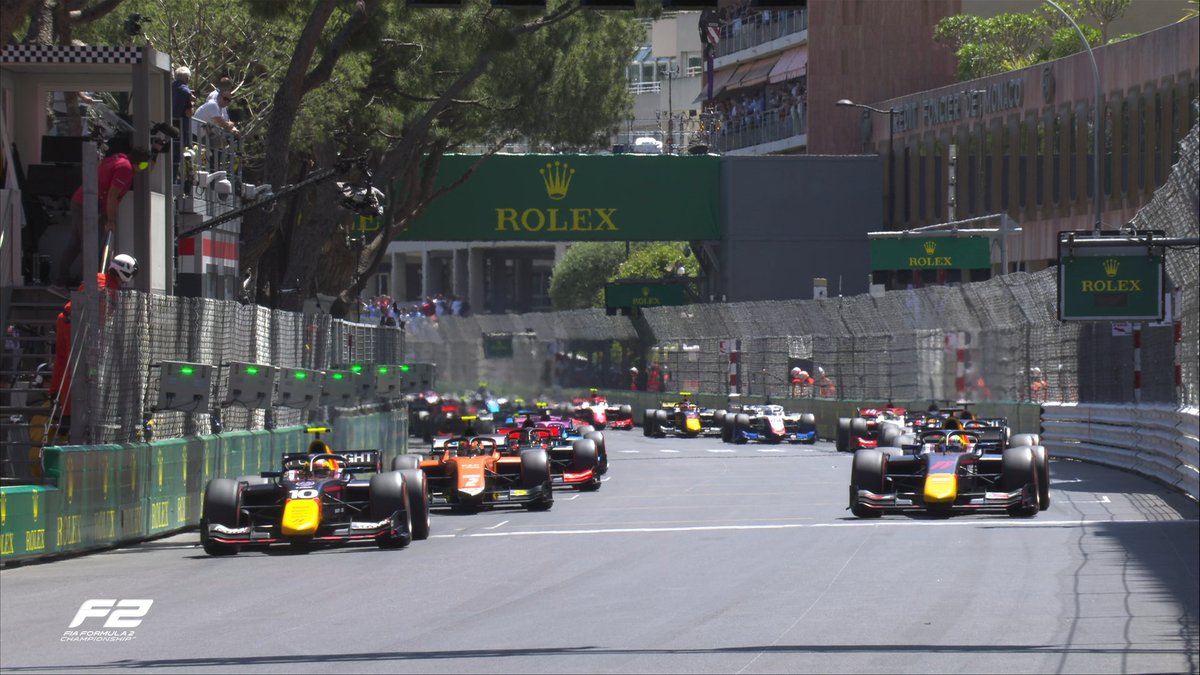 Formula2's tweet photo. LIGHTS OUT IN MONACO!

Hadjar maintains the lead from Iwasa and Daruvala, but there's contact down at the Nouvelle Chicane...

#MonacoGP #F2 https://t.co/JtnQruM7AI