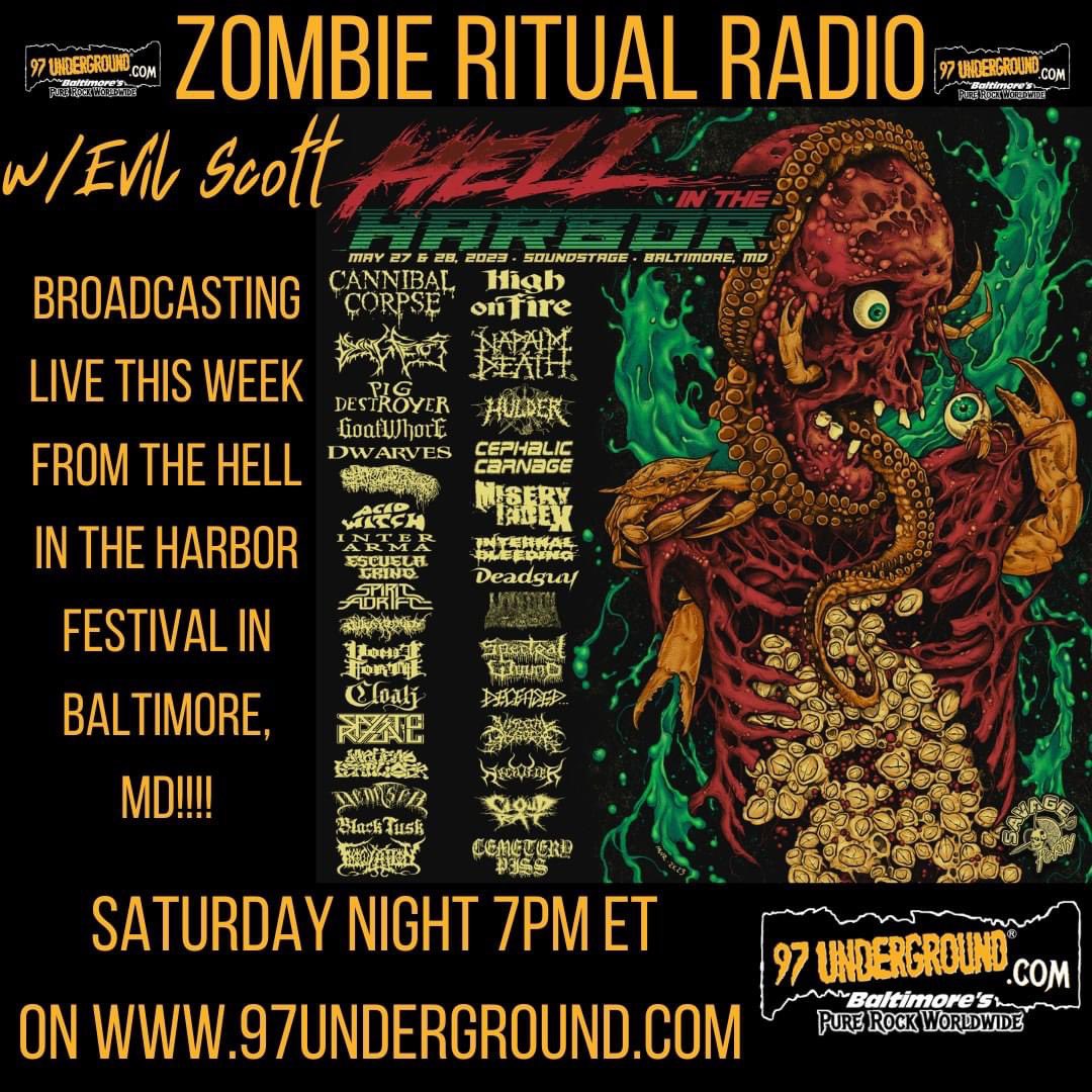 @97underground will be broadcasting live all day from #HellintheHarbor festival @BmoreSoundstage so tune in ya dingus! Special #zombieritual at 7pm ET #usa @OldManMetalOG @6969nyc @MetalMission97 @ITHERETWEETER1 @Dazzshallperish @rat_review @musicislifeLM @ClawHammerPR