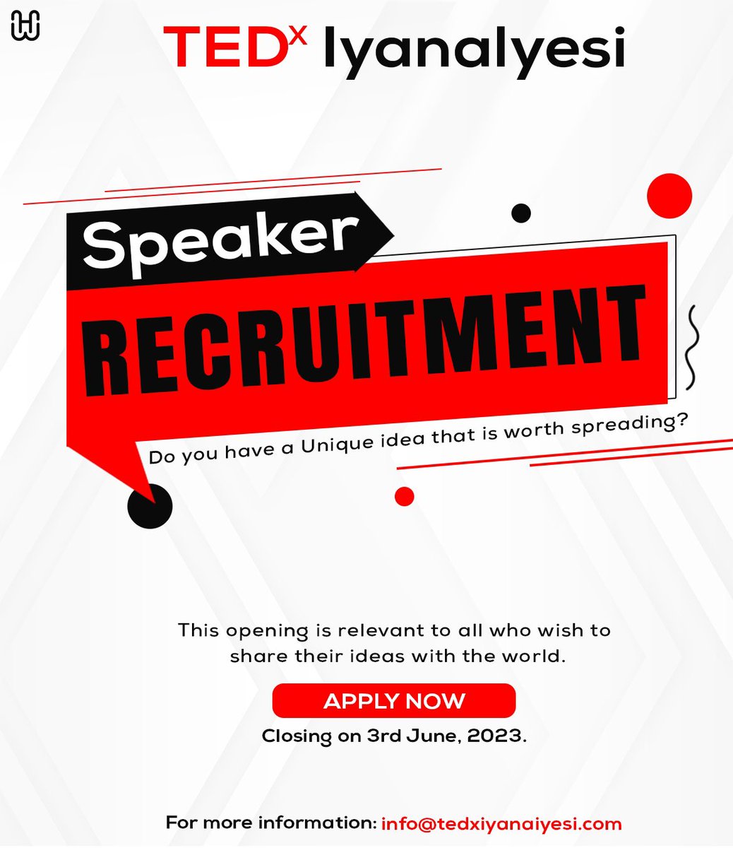 It’s exactly one week to the close of applications📍

Do you have a unique idea you wish to share or know someone who does?

Apply to be a #tedxspeaker at #tedxiyanaiyesi today!

Apply here: bit.ly/Speakers_TEDxI…

#tedx #tedxtalks #tedxspeaker #tedxiyanaiyesi