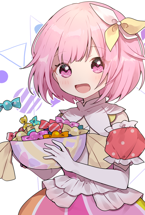 1girl pink hair solo pink eyes gloves food candy  illustration images
