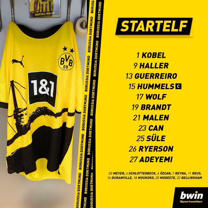 BVB-Startelf: Kobel - Haller, Guerreiro, Hummels, Wolf, Brandt, Malen, Can, Süle, Ryerson, Adeyemi