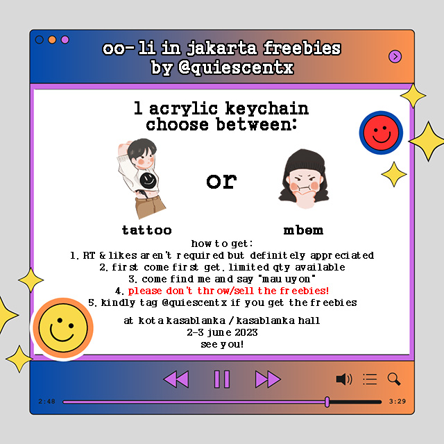 quiescentx's tweet photo. 🧡 woodz oo-li in jakarta freebies by @quiescentx 💙

🎁 seungyoun mbem/tattoo keychain (limited qty available)
📆 2-3 juni 2023
📍 kota kasablanka/kasablanka hall
retweets &amp; likes are very appreciated!

please read the details below. see you there!
#OO_LI_inJKT #OOLIinJKT #WOODZ https://t.co/Dr1hMEAv92